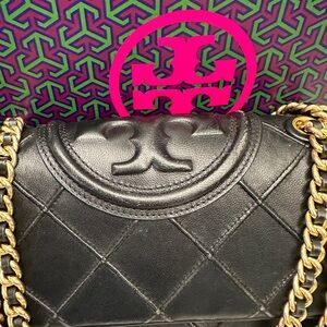 Tory Burch Black Quilted Shoulder Bag with Gold Chain